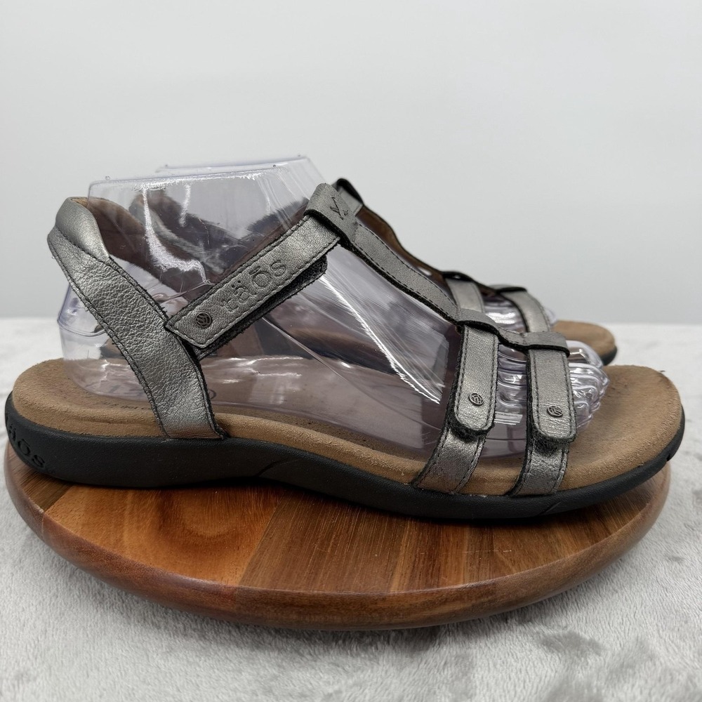 Taos Shoes Womens 9 Trophy 2 Gray Leather Strappy Sandals Cushioned Comfort